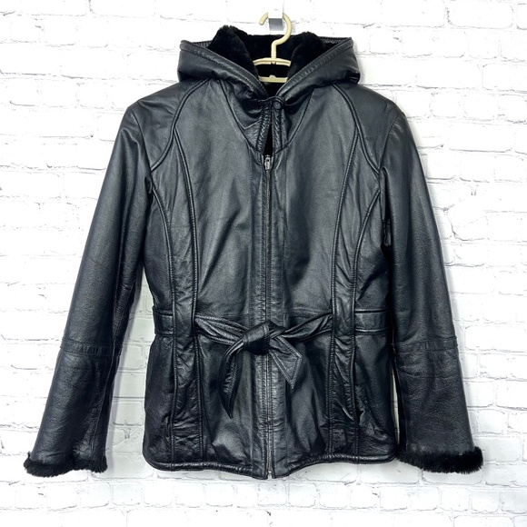 NWOT |•WILSONS LEATHER•| Heavy Plush Lined Black Leather Hooded Belted C - Picture 3 of 16